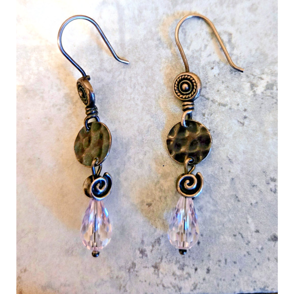 Silpada Sterling Silver Hammered Swirl Crystal Dangle Drop Earrings - Picture 2 of 8